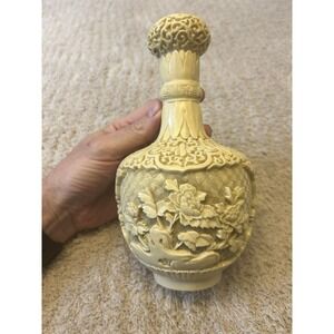 Vintage Cinnabar Hand Carved 9" Vase Signed